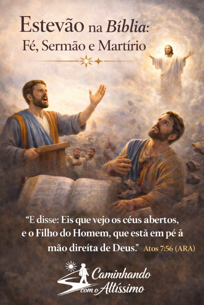 “Tudo sobre Estevão na Bíblia: ilustração representando Estevão, homem cheio do Espírito Santo, pregando com fé e contemplando a glória de Deus, conforme o livro de Atos.”