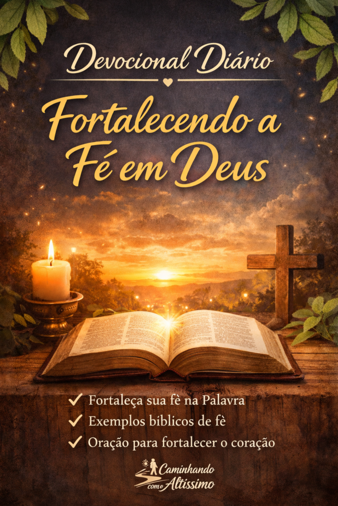 Devocional diário fortalecendo a fé em Deus com Bíblia aberta, cruz ao fundo e luz representando a presença de Deus, blog Caminhando com o Altíssimo